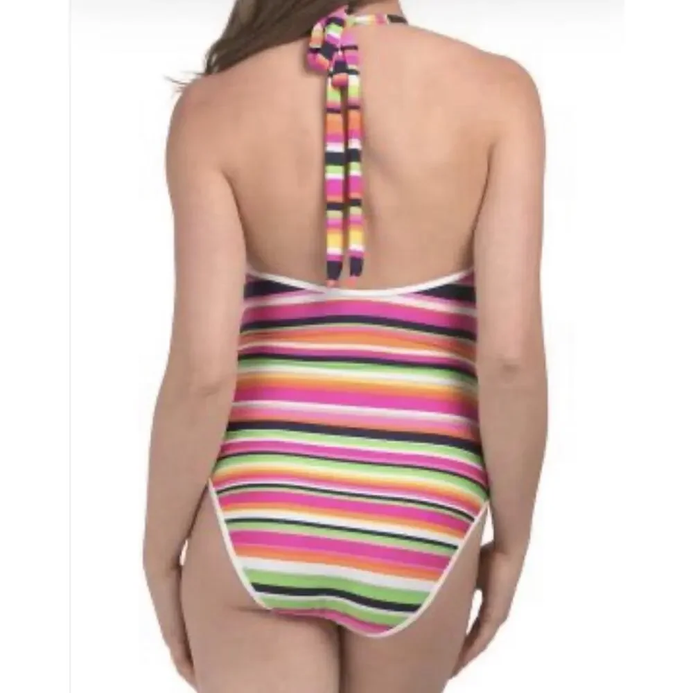 NWT Trina Turk Splash Striped One Piece Halter Plunge Swimsuit Bikini Sz 8